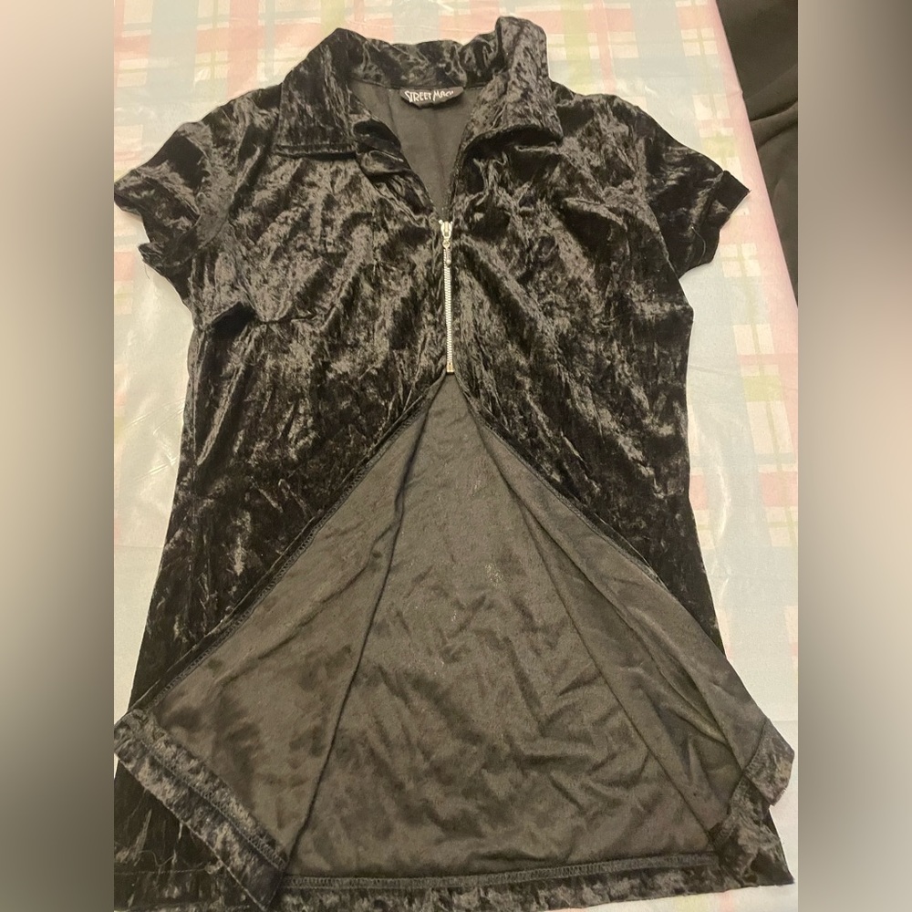 Vintage, black, sexy top zips halfway up the other parts, open a velvet material